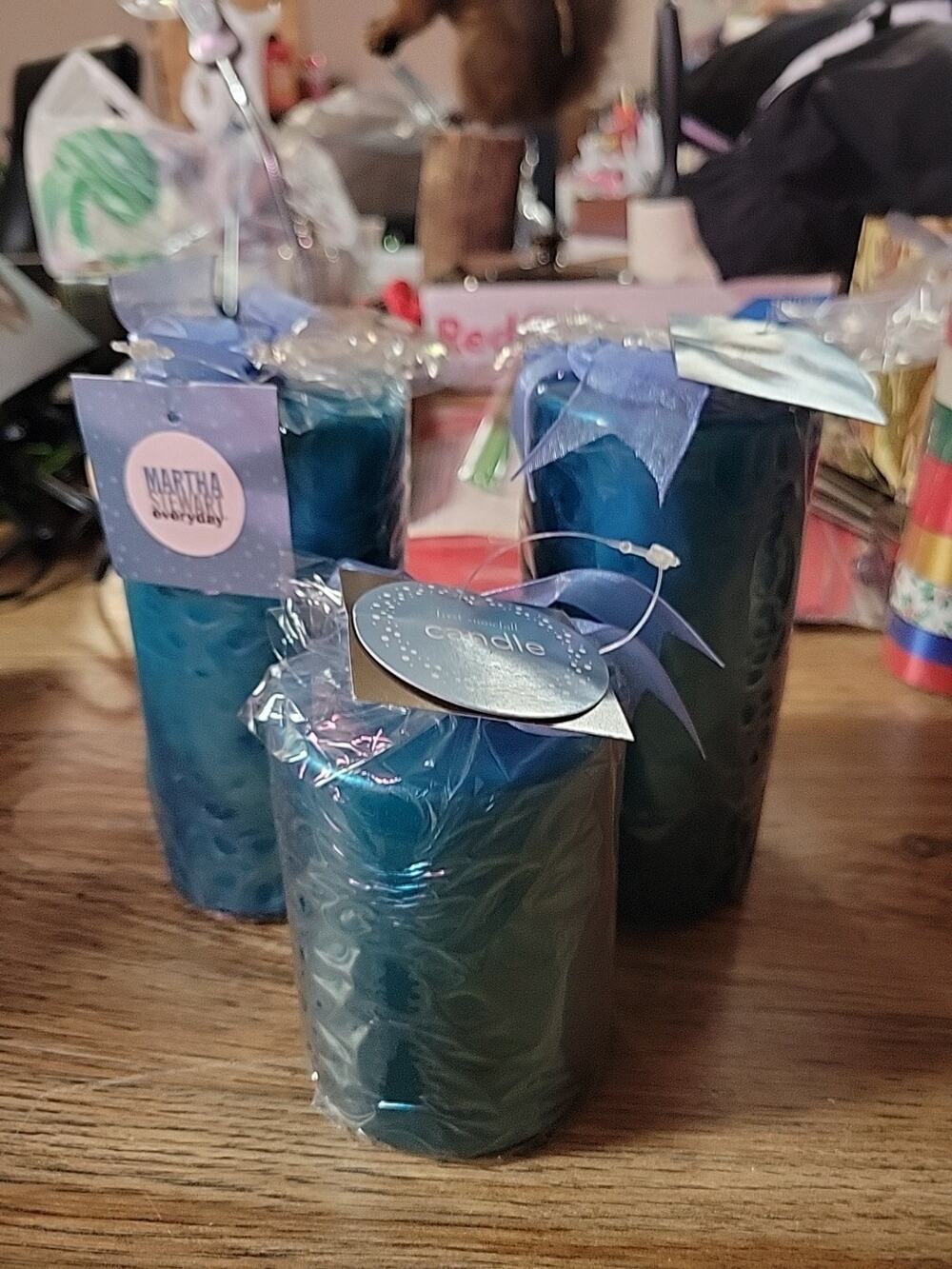 Martha Stewart first snowfall set of 3 blue pillar candles new